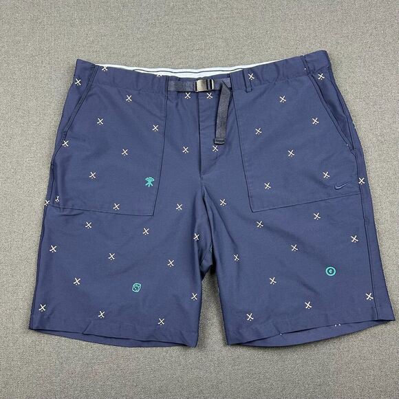 Nike Shorts‎ Mens 42 Blue Navy Golf Performance Stretch Flex All Over Belted - Picture 1 of 9